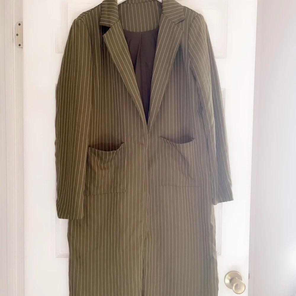 Olive Pinstripe Women's Trench Coat - Picture 6 of 6